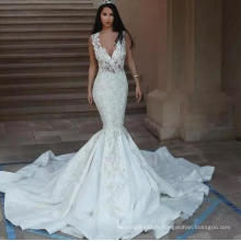 Sexy Long Train Backless Deep V Neck Mermaid Lace Dubai Wedding Dress